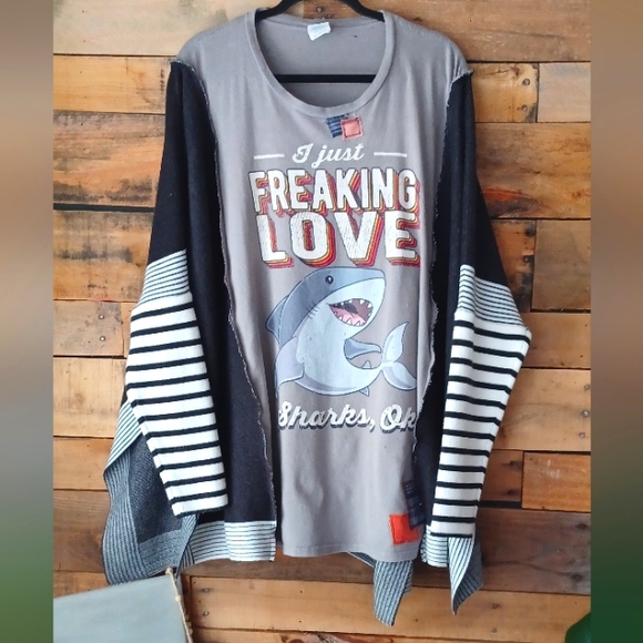 Tops - Upcycled Gray Shark Graphic Long Sleeve Top